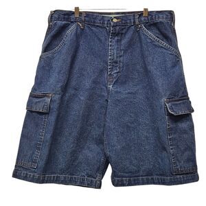 Vintage Faded Glory Cargo Denim Short Baggy 11" Inseam 33 Blue Jeans Y2K